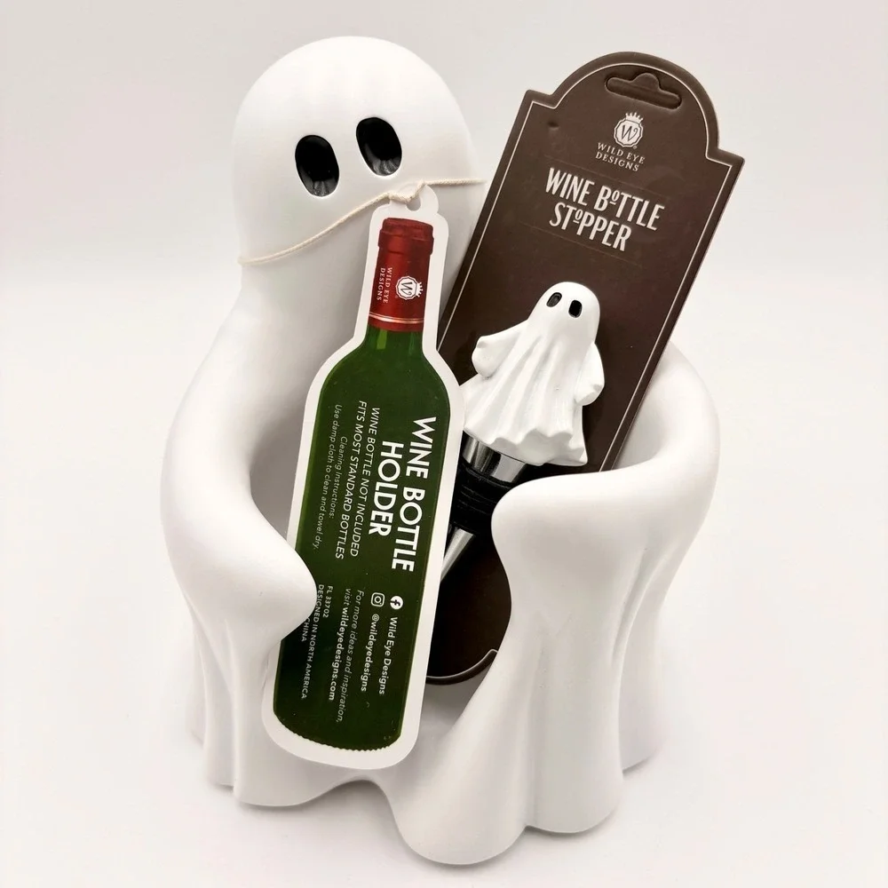 Wild Eye Designs Ghost Wine Bottle Holder and Stopper Set Halloween White Matte